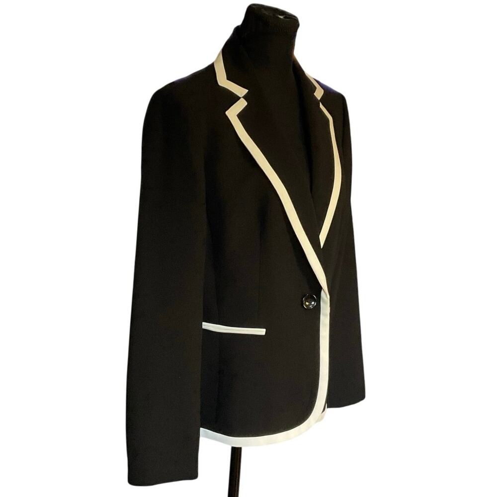 Black Blazer Cream Contrast Trim Women 12 Classic Chic Chanel Inspired Jacket - Picture 3 of 8